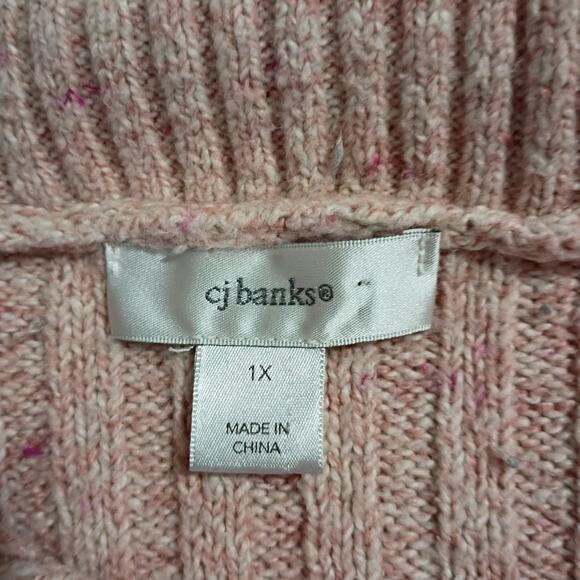 CJ Banks 1X Cable-Knit Petal-Pink Ribbed Cotton-Bend Zip-Collar Tunic Sweater - Picture 2 of 12